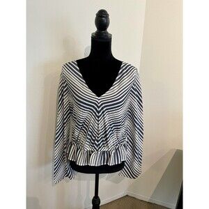 Express Blue Stripe V-Neck Ruffle Open Back Flare Long Sleeve Blouse Size Medium